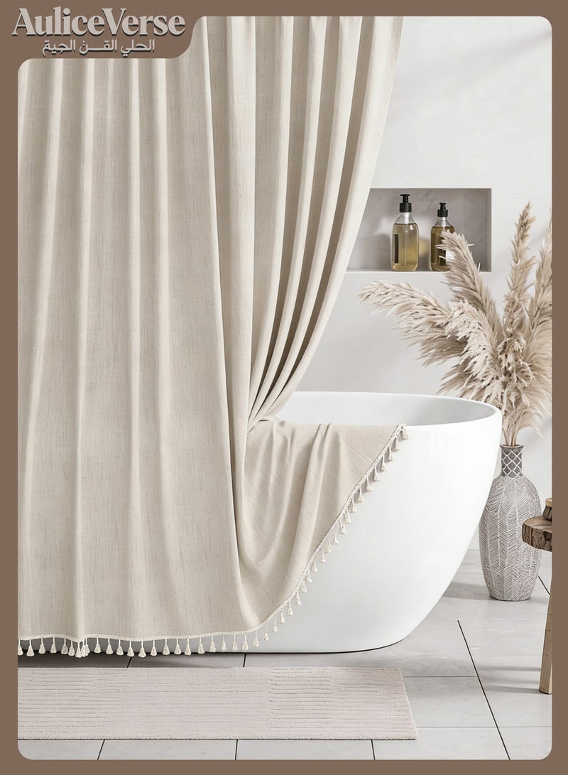 AuliceVerse Ramadan Home Refresh Essential – Beige Imitation Linen Tassel Shower Curtain, Solid Color & Waterproof for a Simple, Fresh Bathroom 183 x 183cm - Image 1